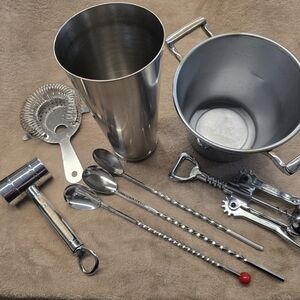 Vintage Stainless Steel Cocktail Bar Tool Set with Ice Bucket